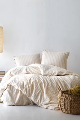 100% Cotton Single Washed Yarn Dyed Striped Duvet Cover Set Brown MELSUN1750T - 1