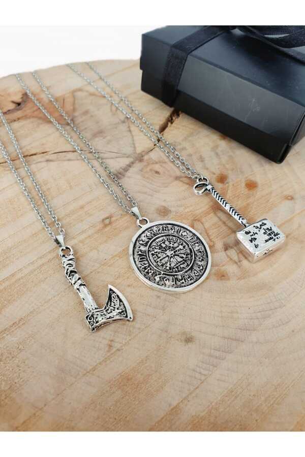 3-Pack Viking Ax, Compass and Thor Hammer Necklace Set