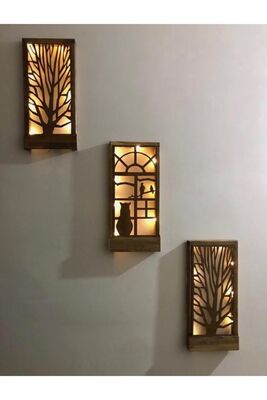 3 Piece Set Batteries Included Fairy Led Solid Wood Table Home Gift Hallway Entrance Night Lamp 36x18 Wall Ornament TREE CAT BIRD - 1