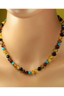 Adult Necklace With Amber And Turquoise Stone - 1