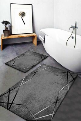 Anthracite Striped Patterned Washable Non-Slip Base 2 Pcs. Bathroom Carpet Doormat Closet Set Sohobanyopas2 - 1