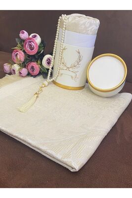 Dowry Gift Boxed Cream Prayer Rug Set Luxury Taffeta Prayer Rug Pearl Rosary KUTULU2SECCADE - 1