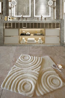 Ecru 3 Set Bathroom Carpet Washable, Non-Slip Base 8694545027138 - 1