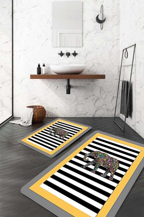 Elephant Patterned Yellow Gray Bath Mat PS-PS-560