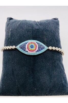 Elevator Zircon Stone Waterway Model Evil Eye Bead Figure 925 Sterling Silver Bracelet - 1