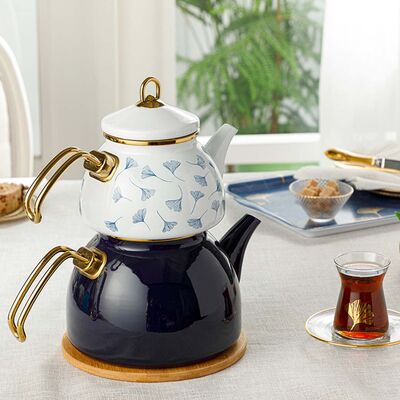 English Home Gingko Biloba Emaye Teapot 1.1 Liter + 2.3 Liter White - Navy Blue - 1