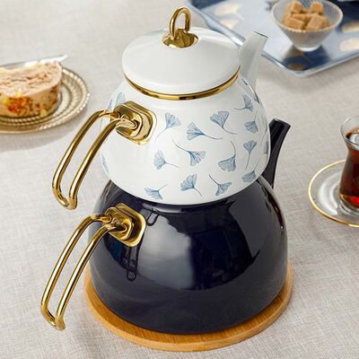 English Home Gingko Biloba Emaye Teapot 1.1 Liter + 2.3 Liter White - Navy Blue - 2