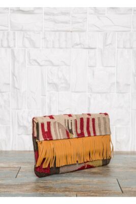 Gray Beige Ethnic Pattern Vintage Kilim Portfolio Orange Leather Detailed Suede Tasseled Red Strap Wallet - 1