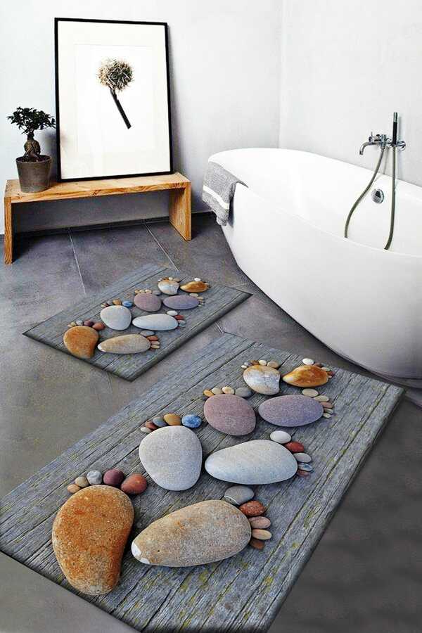 Gray Foot Stones Patterned Washable Non-Slip Base 2 Pcs. Bathroom Carpet Doormat Closet Set Ossoozelbanyo6
