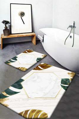 Green Yellow Leaf Patterned Washable Non-Slip Base 2 Bathroom Carpet Doormat Closet Set Sohobanyopas17 - 1