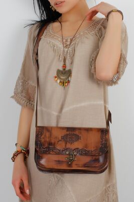 Handmade Genuine Leather Antique Brown Rug Motif Shoulder Bag - 1