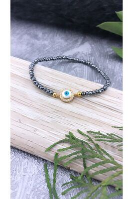Handmade Hematite Stone Gold Plated Evil Eye Bead Model Sterling Silver Bracelet - 1