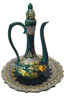 Handmade Large Size Ceramic Ewer (with plate) gold-silver Color Gilt Embroidered Green Turquoise Color Big Ewer 30 Cm With Plate - 1