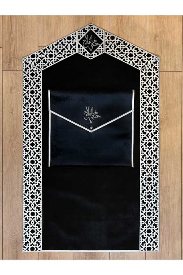 Ottoman Black Prayer Rug And Bag, Double-Sided Velvet, Handmade, Luxury, Non-Slip Base, Dowry S-OTT-B2