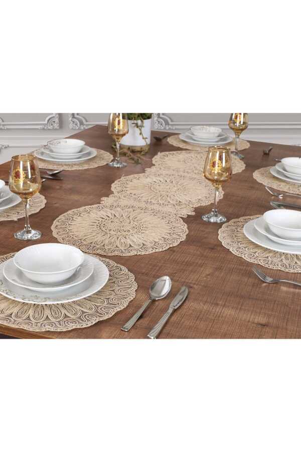 Placemat Table Top And Runner Set 6 Person Set Embroidered Beige 7 Pieces Dowery Table And Presentation Set VeneziaBeige