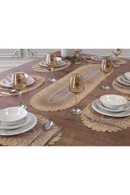 Placemat Table Top And Runner Set 6 Person Set Embroidered Vivien Beige 7 Piece Table And Presentation Set VivienBej 6 Set - 1