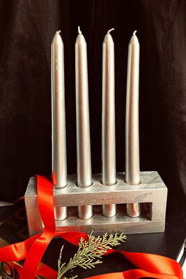 Premium Silver 4-Piece Candlestick + Wooden Candle Holder Decorative Candle Set SSI0072N - 1