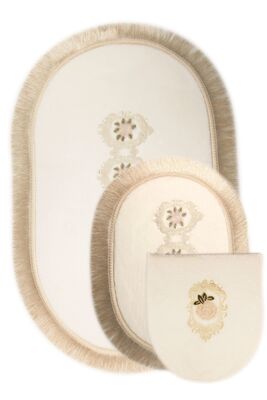 Shems Cream 3 Pieces Lacy And Fringed Closet Set Bathroom Carpet & Mat Set Sms3 - 1