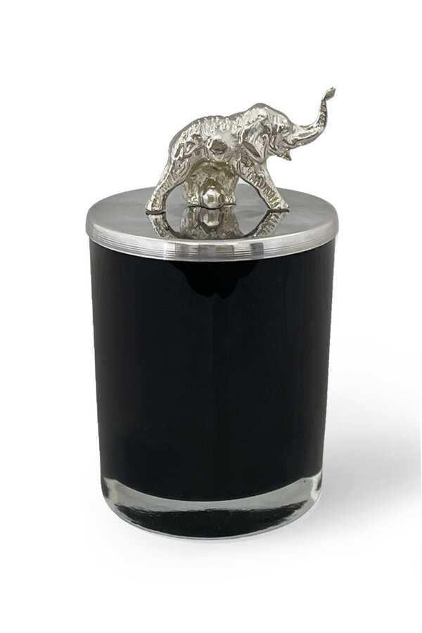 Silver Elephant Topped Large Black Candle Lyn330