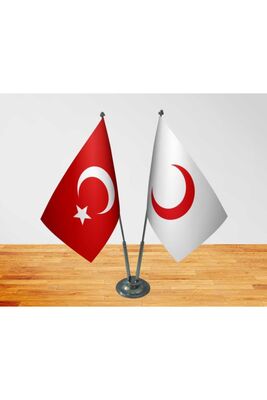 Table Top Red Crescent Flag Turkish Flag Double Chrome Poles Table Flag FKM Flag 235 - 1