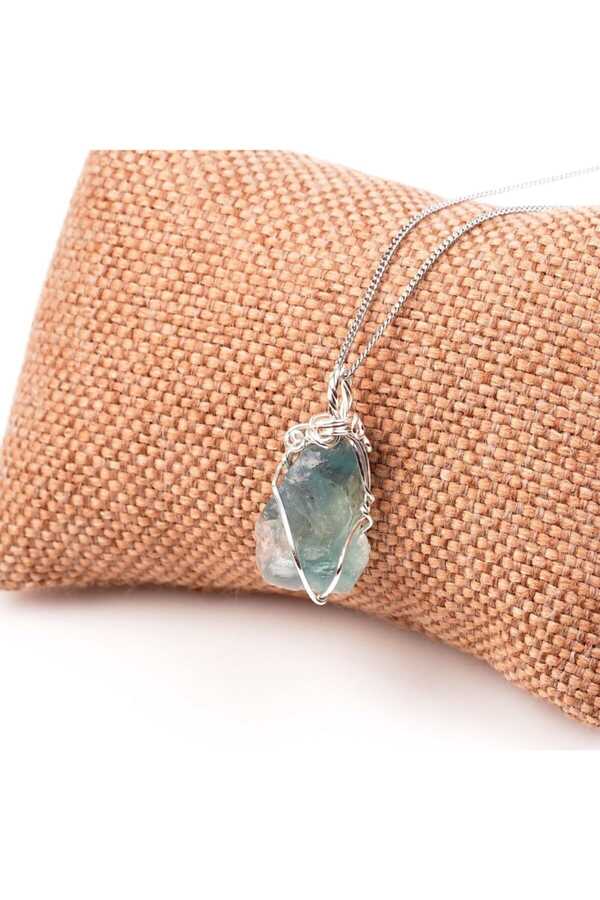 Unisex Green Wire Wrapped Raw Fluorite Stone Necklace