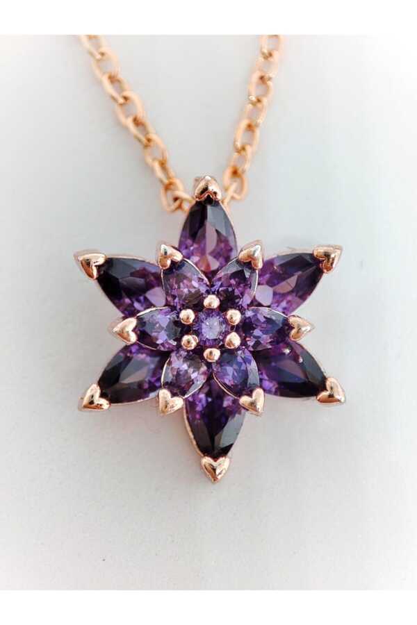 Womens 925 Sterling Silver Gemstone Rose Gold Crystal Gemstone Purple Lotus Flower Necklace LOTUS01