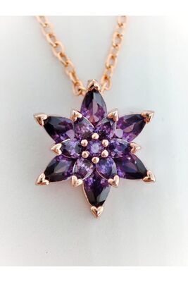 Womens 925 Sterling Silver Gemstone Rose Gold Crystal Gemstone Purple Lotus Flower Necklace LOTUS01 - 1
