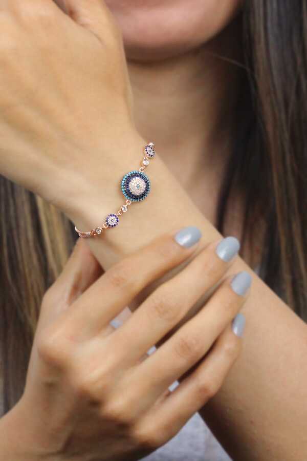 Women's 925 Sterling Silver Rose Plated Turquoise & Zircon Stone Evil Eye Bead Model Bracelet