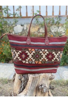 Women's Claret Red Leather Handle Hand Woven Vintage Patterned Rug Patterned Ethnic Shoulder Bag - 1