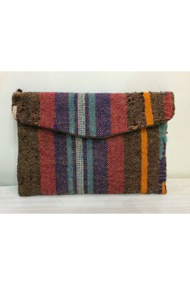 Women's Classic Striped Woven Rug Brown Hand Bag Clamshell Buckled Leather Portfolio Envelope Bag - 1