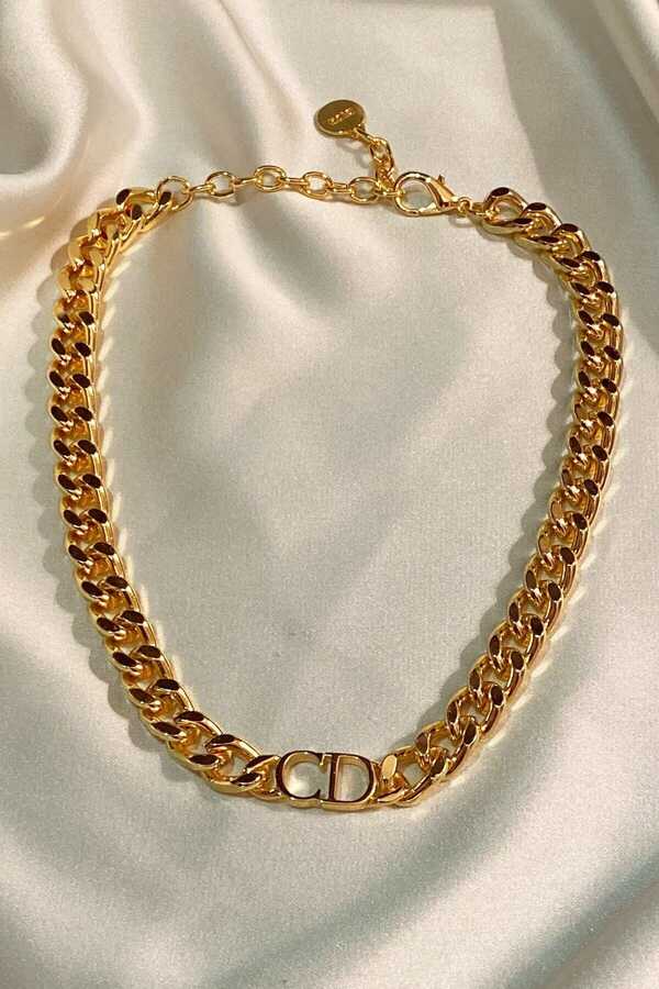 Womens Gold Letter Thick Chain Necklace