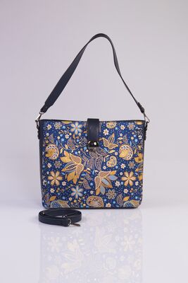 Women's Gold Navy Blue Woven Rug Strap Shoulder Bag - 1