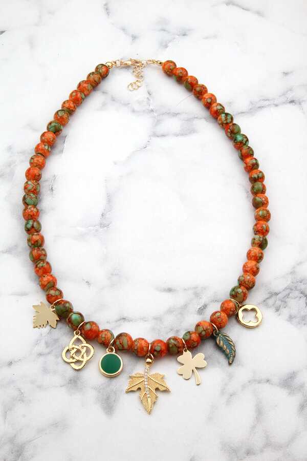 Womens Orange Green Vine Leaf Charm Design Necklace