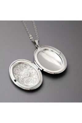 Womens Silver Color Oval Necklace with Photo and Writable Cap - 1