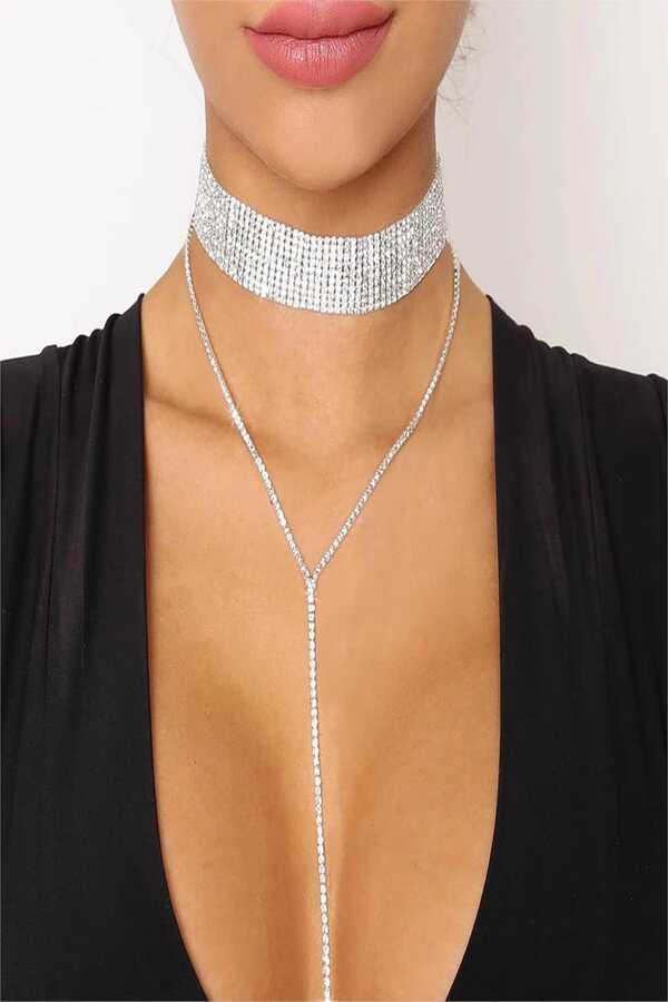 Womens Silver Stone Choker Necklace