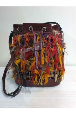 Women's Yellow Tassel Detailed Rug Embroidered Drawstring Backpack Colorful Leather And Rug Shoulder Bag - 1